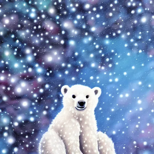 Prompt: cute fluffy happy baby polar bear cub playing in snowy christmas tree landscape detailed painting 4k