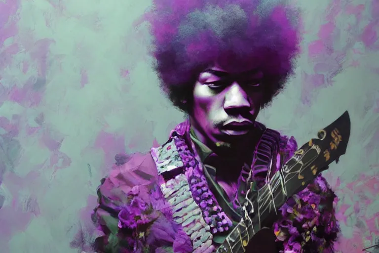 Prompt: jimi hendrix as a purple haze, soft, sharp focus, detailed, fractals, artwork by Ruan Jia