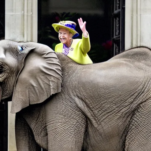 Prompt: the queen of england riding an elephant