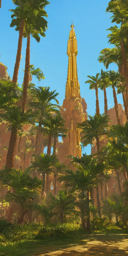 Image similar to eye level view of a golden detailed babylon tower, fantasy, golden hour, photorealism, arid mountains and lush palm forest, unreal engine