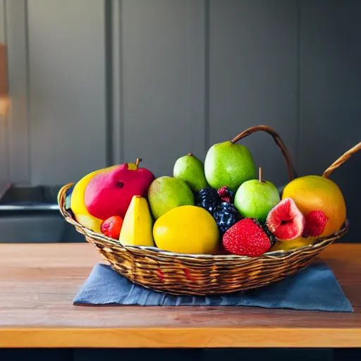 Prompt: a fruit basket on top of a kitchen table, blueprint