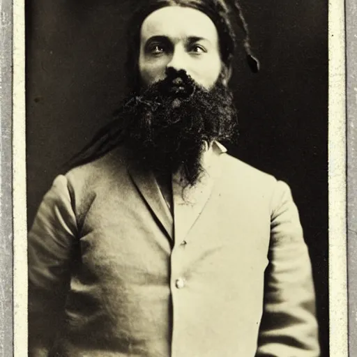 Prompt: daguerrotype of a bearded man wearing futuristic clothes, dreadlocks 1 9 0 0