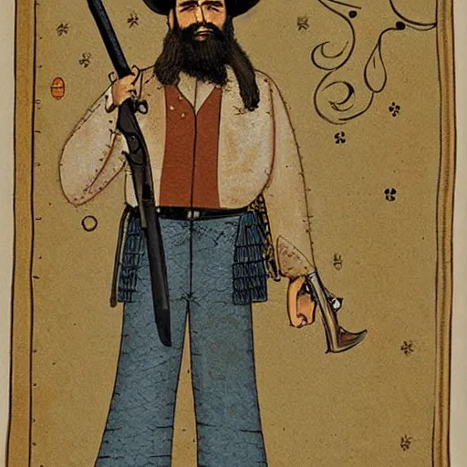 Image similar to bearded cowboy raising revolver in right hand above head, persian folkore illustration