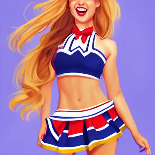 Image similar to very beautiful female cheerleader, smiling, flirty, eye contact, perfect face, perfect body, drawn by artgerm