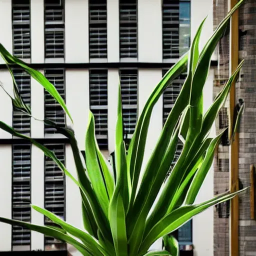 Image similar to Snake plant taking over an entire apartment block, low angle shot, ambient lighting, high detail