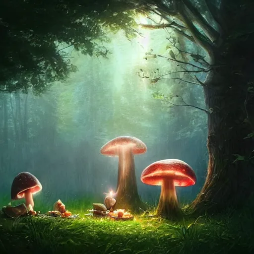 Image similar to a cute picnic in a mushroom forest. dramatic lighting, cgsociety masterpiece, artstation trending, greg rutkowski, 4k, digital art, concept art