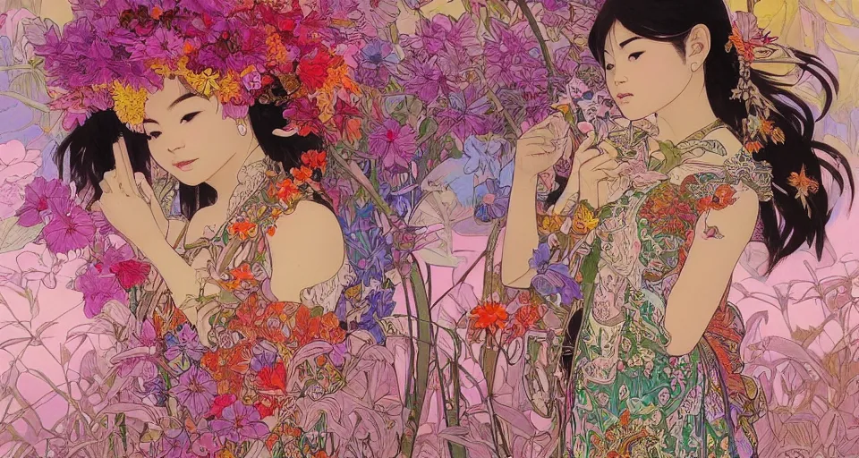 Prompt: oil painting, long shot, beautiful floralpunk thai girl illustration walking in a park, detailed patterns art of thai traditional dress, flower pop art, floral splash painting, art by ashley wood, alphonse mucha, makoto shinkai, geof darrow, dark shadow