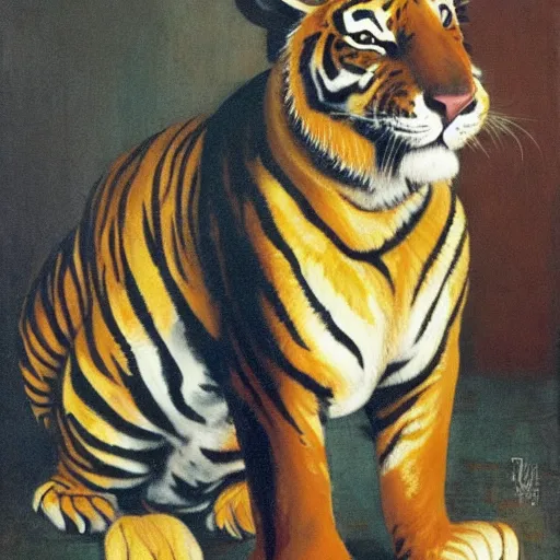 Prompt: portrait furry orange ears Mike tyson the champion disguised as a tiger wearing a black shirt norman rockwell robert rauschenberg greg rutkowski giorgio de chirico