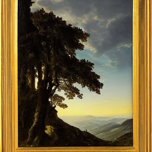 Image similar to a wanderer looking down from the peak of a mountain, distant valley, trees, sunset, sunrays, dramatic light, high detail, masterpiece, painted by caspar david friedrich