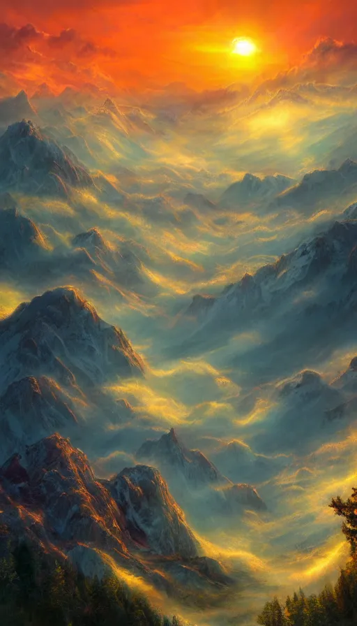 Image similar to enormously detailed hd photo of colorful sunset on mountains, atmospheric lighting, highly quality detailed fantasy painting, 8K detail post-processing