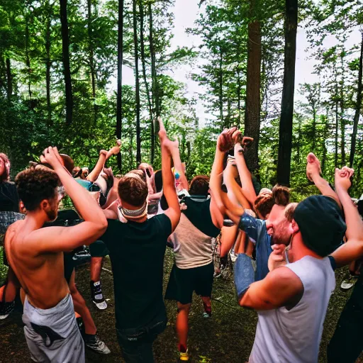 Prompt: group of friends raving outside a woodland cabin, big speaker stack, club lighting