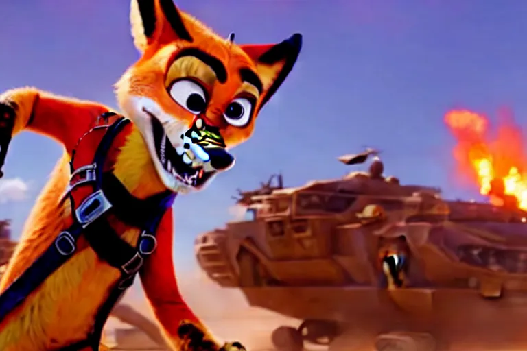 Image similar to nick wilde, heavily armed and armored facing down armageddon in a dark and gritty reboot from the makers of mad max : fury road : witness me