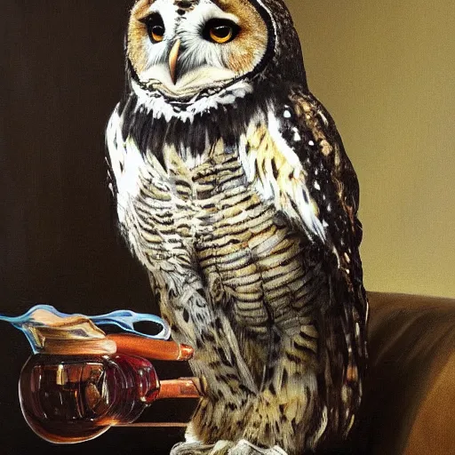 Image similar to portrait of an owl man sitting on a couch smoking a pipe, realistic masterpiece