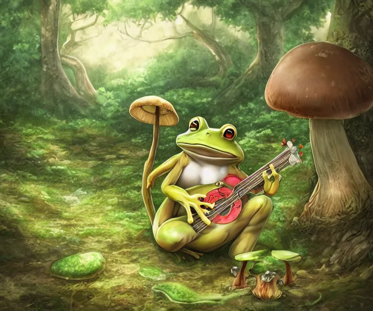 Prompt: frog playing a banjo in front of a mushroom in a forest, anime fantasy illustration by tomoyuki yamasaki, kyoto studio, madhouse, ufotable, comixwave films, trending on artstation