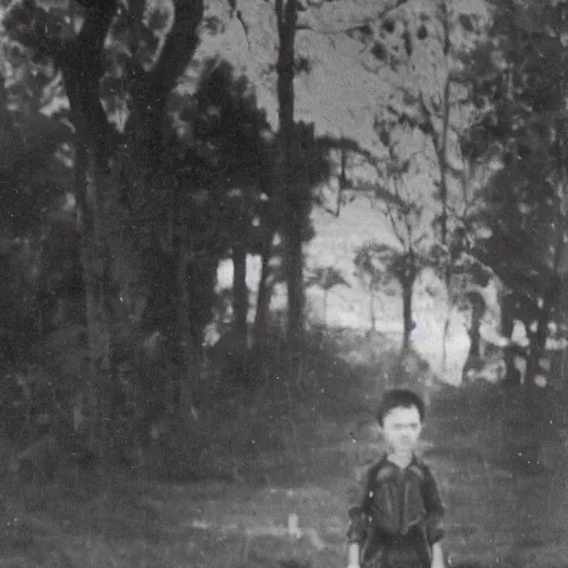 Prompt: old photo, child in the distance with hollow eyes