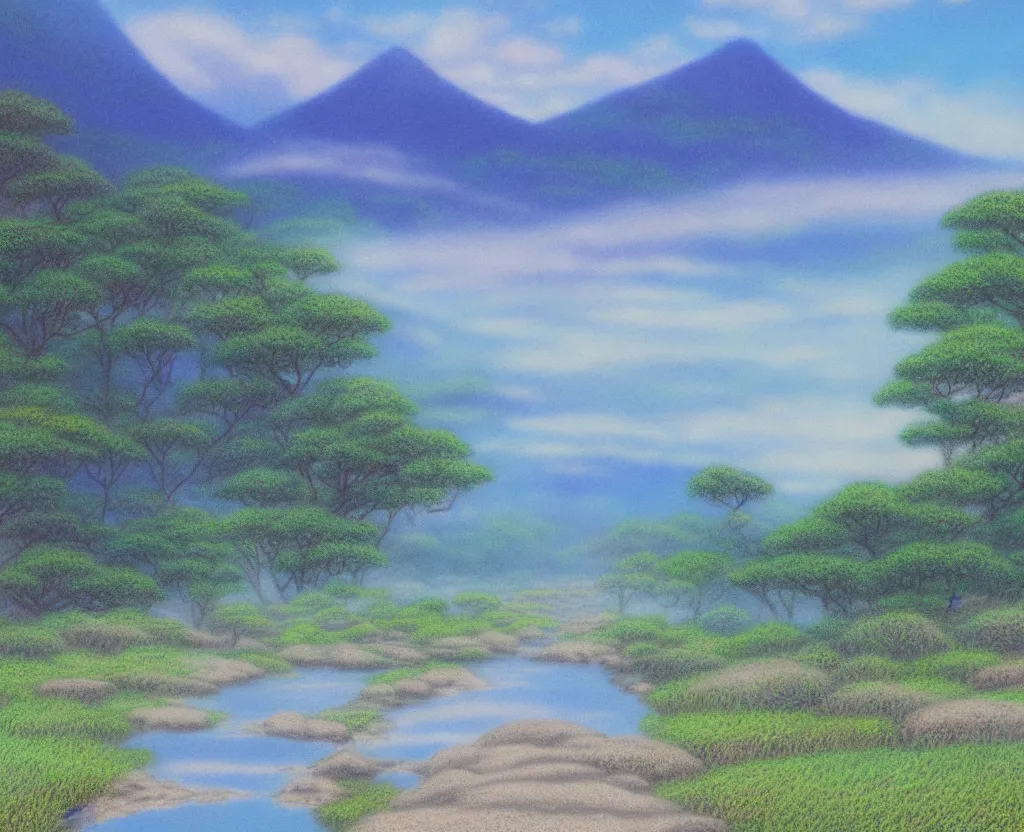 Prompt: a landscape pastel in the style of noriyoshi ohrai of a blue reflective path to some misty mountains in the background. along the path stands pillars that reflect in the water. key art. 4 k fantasy