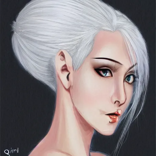 Image similar to a girl with white hair in a hairbun, by qinniart