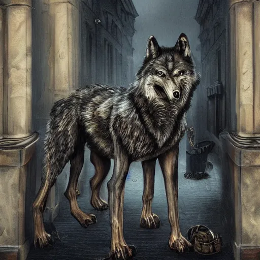 Prompt: terrifying ware wolf walking through the center of old london city, oil painting, gloomy misty atmosphere, symmetrical, full body image, highly ornate intricate details, very sharp photo,