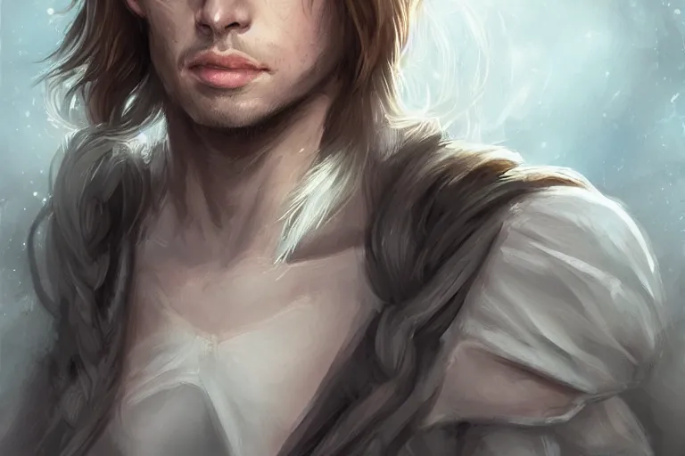 Prompt: young cute pretty boy with white long hair, d & d, fantasy, portrait, highly detailed, headshot, digital painting, trending on artstation, concept art, sharp focus, illustration,