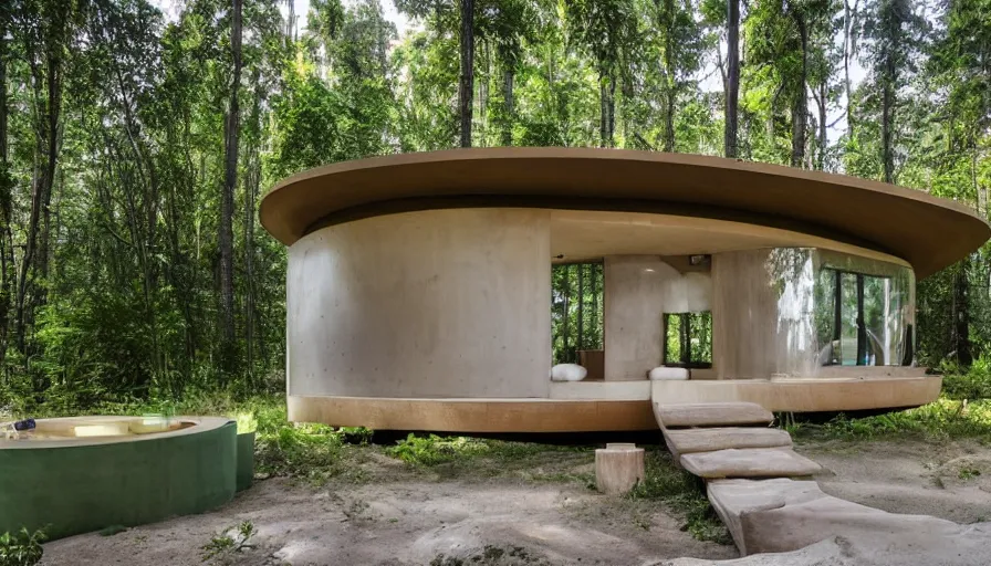 Image similar to A wide image of a full innovative contemporary 3D printed prefab sea ranch style cabin with rounded corners and angles, beveled edges, made of cement and concrete, organic architecture, in a lush green forest Designed by Gucci, Balenciaga, and Wes Anderson, golden hour