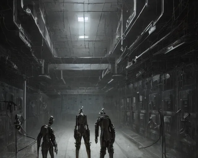 Prompt: gloomy ruined server room in datacenter robot automata rusty steel robot knight colossus welder pacing fixing mono eyed, sharp focus, emitting diodes, smoke, artillery, sparks, racks, motherboard, by pascal blanche rutkowski repin artstation hyperrealism painting concept art of detailed character design matte painting, 4 k resolution blade runner