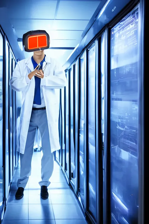 Prompt: futuristic scientist is holding a folder, he is in shock, dark building of server room, neon light, the folder glows and lights up his face, dramatic lighting, ethereal, stunning, breathtaking, awe - inspiring award - winning, 8 k