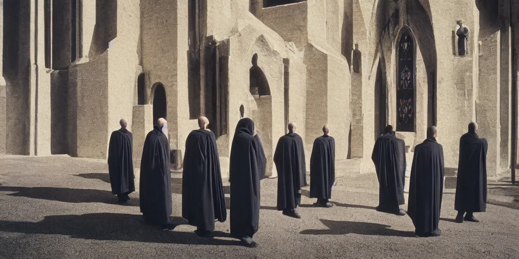 Prompt: humanoid alien robed benedictine monks sing in a stone gothic brutalist monastery kodak portra ektachrome