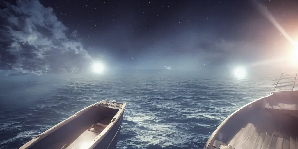 Image similar to a highly detailed realistic photographic render of a boat in space, surreal, cinematic lighting, cinematic scene, volumetric lighting, atmospheric scene, dark, mystery, atmospheric lighting, realistic, photo realism, hyper realistic, hyper realism, photo realisitc, cinematic render, film, beautifully lit, ray traced, octane 3 d render, octane render, unreal engine