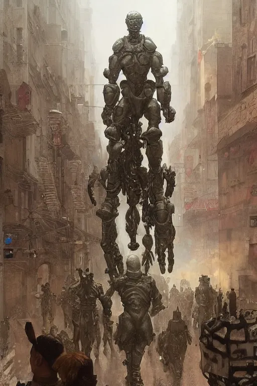 Prompt: soldiers on city street accompany martyn ford as a huge bipedal martian with bulbous torso wearing armour, painted by ruan jia, raymond swanland, lawrence alma tadema, zdzislaw beksinski, norman rockwell, jack kirby, tom lovell, alex malveda, greg staples