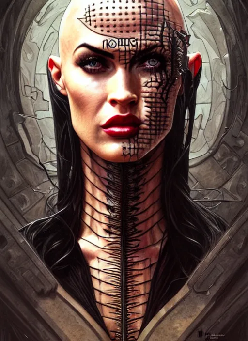 Prompt: portrait of megan fox as pinhead, bald, hellraiser, hell, intricate, headshot, highly detailed, digital painting, artstation, concept art, sharp focus, cinematic lighting, illustration, art by artgerm and greg rutkowski, alphonse mucha, cgsociety