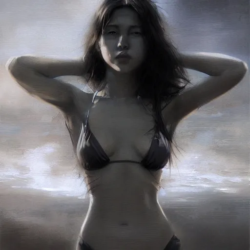 Prompt: bikini girl, expressive oil painting, by yoshitaka amano, by greg rutkowski, by jeremy lipking, by artgerm,, h e giger, digital art, octane render