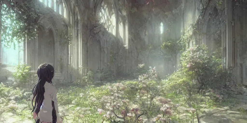 Image similar to anime kyoto animation key by greg rutkowski, perfectly detailed android girl in abandoned chapel with overgrown flowers and plants