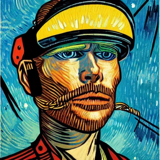 Image similar to Illustrated by Shepard Fairey and H.R. Geiger | Cyberpunk VAn Gogh with VR helmet, surrounded by cables