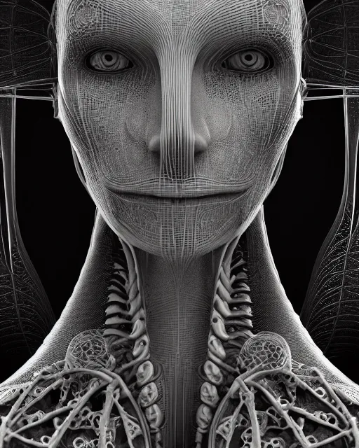 Prompt: mythical black and white organic bio-mechanical spinal ribbed profile face portrait detail of mechanical beautiful female angelic-vegetal-cyborg, highly detailed, intricate steampunk ornate, poetic, 3D render, digital art, octane render, 8K artistic photography, photo-realistic, by Dora Maar