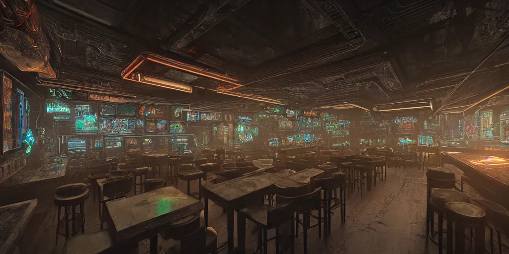 Image similar to Highly detailed realistic photo interior design in style of blend contemporary aesthetics by JAMIE BUSH and Josan Gonzalez of detailed cyberpunk tavern with stone walls and neon lights, a lot of electronics and people, many details by Hiromasa Ogura. a lot of Natural white sunlight from the transperient roof. Rendered in VRAY