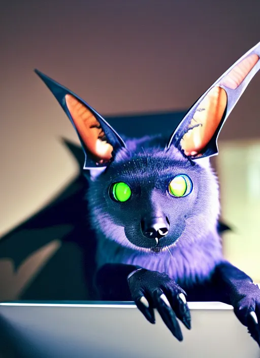 Image similar to a blue - and - black male catbat fursona with blue / green heterochromatic eyes ( differently - colored eyes, one eye green, one eye blue ) and huge bat ears, photo of the catbat streaming on his computer