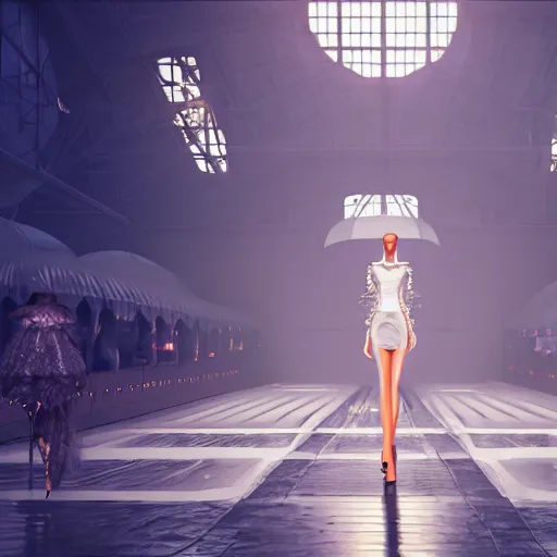 Image similar to Fashion Catwalk!! on a platform in an Angelic Floating City in the Clouds, Fashion Photography, Hyperrealistic, Intricate Details, Raytracing, Volumetric Lighting, Lightshafts, Smooth Gradients, Unreal Engine 5, Photorealism, Concept Art