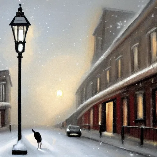 Image similar to painting of a snowy london street scene, and a dog with its tongue stuck to a lamp post