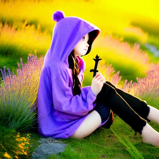 Prompt: A cute young real life 3D anime girl with long blueish lavender hair, wearing a black reaper hood with shorts, a bloody scythe is laying next to her foot, sitting with her knees up in a large grassy green field, shining golden hour, extremely cute anime girl face, she is happy, childlike, little kid, Haruhi Suzumiya, Umineko, Lucky Star, K-On, Kyoto Animation, she is smiling and happy, chibi style, extremely cute, she is smiling and excited, her tiny hands are on her thighs, she has a cute expressive face, long socks with skulls on them