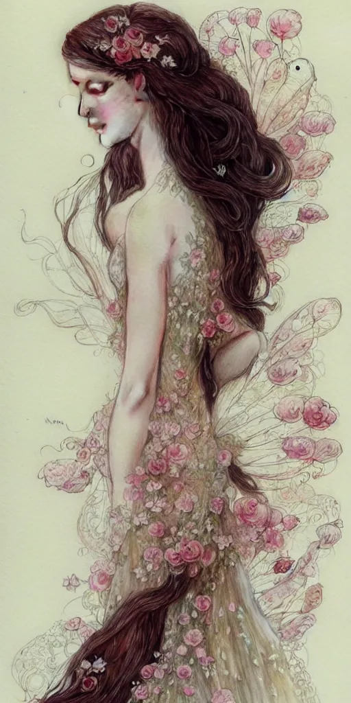 Prompt: study of a flower fairy, long wavy hair, wearing alexander mcqueen dress, lace detail, tulle, illustration, watercolor, alan lee, detailed, pretty, ethereal, realistic, artstation,