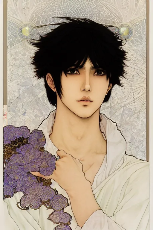 Image similar to beautiful medium shot manga portrait of young arabic man inspired by ayami kojima with short hair dressed with a white t - shirt, white background white bank studio light, art by yoshitaka amano, alfons mucha, hiroaki samura, jiro matsumoto and yusuke murata, sharp focus, high quality, 8 k