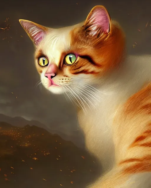 Image similar to a cat. a detailed portrait digital rococo painting of a beautiful cat wearing fantasy clothing. the cat has an, evil mood, hellish battlefield in the background, unreal engine, embers flying, hyper realism, realistic shading, cinematic composition, blender render, octane render, ultrawide shot