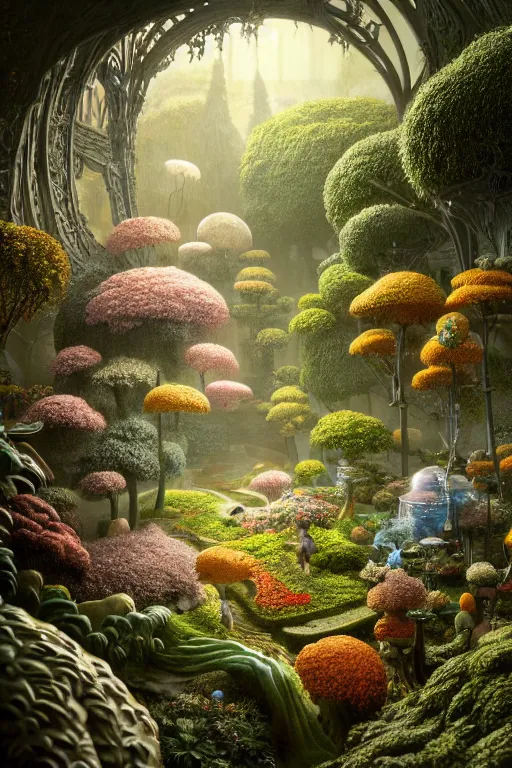 Image similar to ethereal garden, part by robert beatty, part by james jean, part by ross tran, part by jacek yerka, part by leslie zhang, surreal, highly detailed, beautiful detailed intricate insanely detailed octane render trending on artstation, 8 k artistic photography, photorealistic, volumetric cinematic light, chiaroscuro