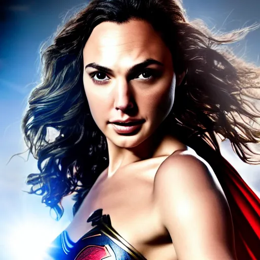 Image similar to an potrait of gal gadot play Man of Steel replacing Henry Cavill, photorealistic, high detail, photo studio, testing custom, 4k