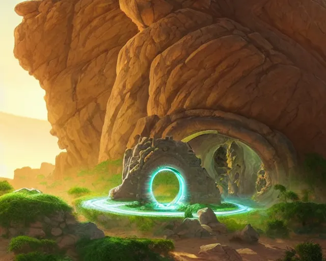 Image similar to desert landscape with a huge stone portal monument glowing green with swirls, deep focus, d & d, fantasy, intricate, elegant, highly detailed, digital painting, artstation, concept art, matte, sharp focus, illustration, hearthstone, art by artgerm and greg rutkowski and alphonse mucha