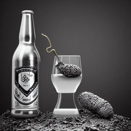 Image similar to hop cone juice, new england ipa, highly detailed silver nitrate photo, light gold accents, smoky bar, black and white, intricate complexity, horror, trending on art station, photoreal, 8 k, octane render