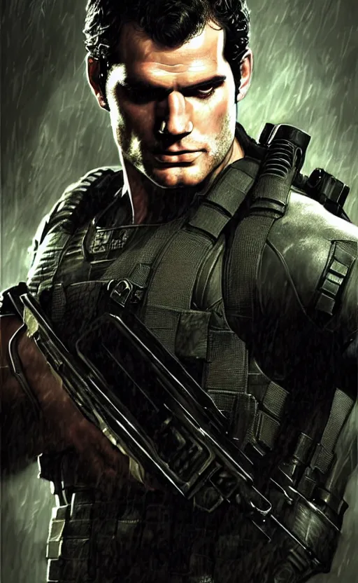 Image similar to portrait of henry cavill as chris redfield, resident evil, pistol, upper body, henry cavill!!!, fantasy, intricate, elegant, highly detailed, digital painting, artstation, concept art, smooth, sharp focus, illustration, art by artgerm and greg rutkowski and alphonse mucha