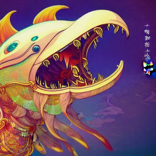 Prompt: a beautiful hyperdetailed character design 4 k wallpaper illustration of a cute dolphin with a chinese lion dance head victo ngai cyberpunk style, from china, style of studio ghibli, makoto shinkai, raphael lacoste, louis comfort tiffany, artgerm, james jean, ross tran, chinese style