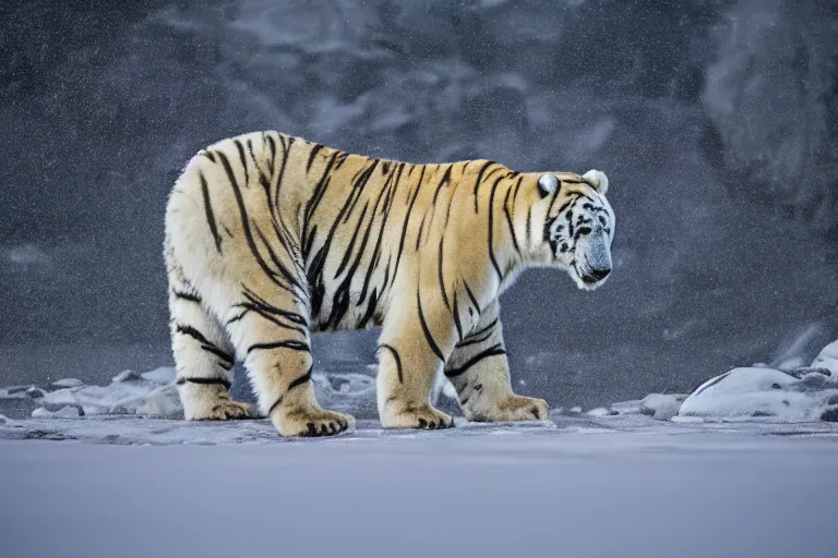 Image similar to a tiger polar bear!!! hybrid! hyper realistic!! realistic lighting!! wildlife photographer of the year!!! bold natural colors, national geographic, hd, wide angle, 8 k