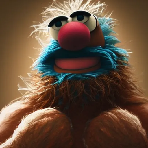 Image similar to a still of a forgotten muppet character looking very manly and modern, hilarious, laughing, hairy chest, huge chin, manly monster tough guy, roughled fur, photo real, photographic, photograph, artstation, trending, featured